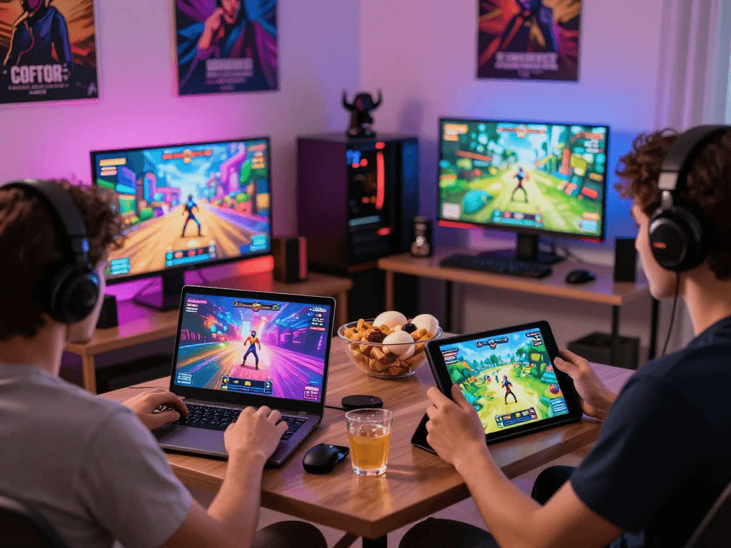Immersive scene of players enjoying a porn game on various devices in a cozy room.