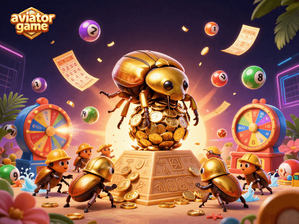 Play the aviator game with vibrant casino elements in a dynamic scene featuring golden beetles.