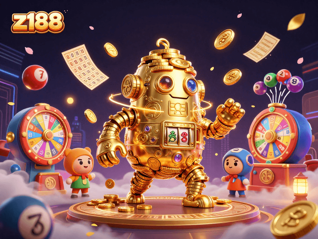 Experience z188's vibrant gaming universe with colorful lottery balls, golden golem, and a prize wheel.