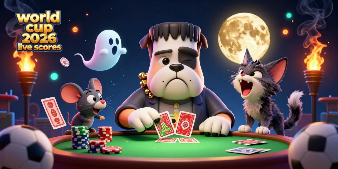 Bet on world cup 2026 live scores with a vibrant scene of a bulldog dealer and spooky elements.