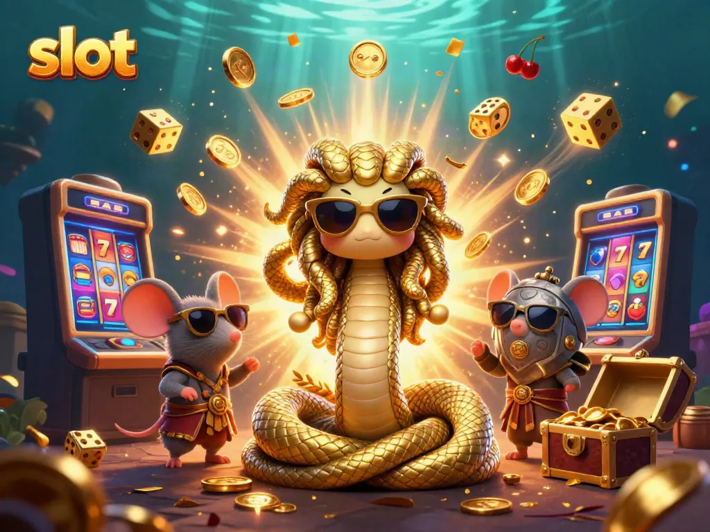 This vibrant illustration captures the excitement of slot machines with Medusa and a warrior mouse amid golden treasures.