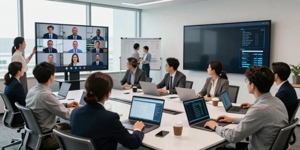 Deepfake protected meetings in a high-tech conference room with a diverse team collaborating.