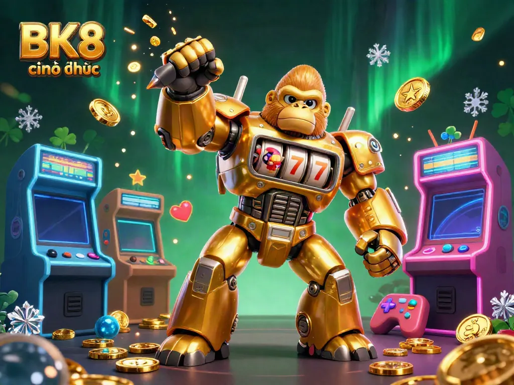 Experience the excitement with BK8 chính thức featuring a golden mech gorilla and vibrant casino elements in 3D illustration.