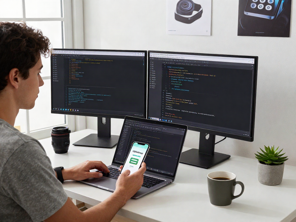 Young professional using GBWhatsApp in a modern tech workspace.