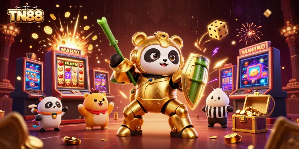 Experience the excitement of TN88 with a 3D golden panda in a vibrant jackpot scene.