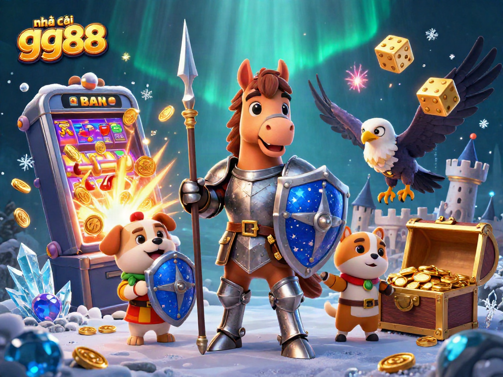 Engaging scene of nhà cái gg88 featuring medieval knight, puppy, and falcon in a vibrant casino setting.