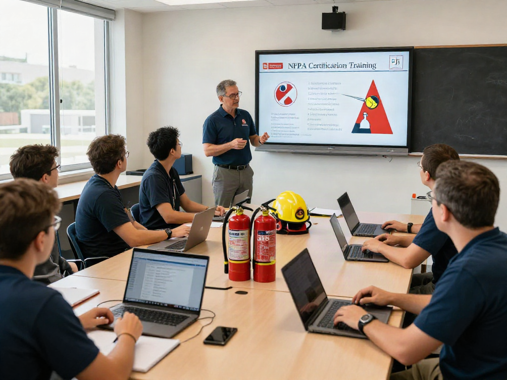 Professionals engaged in NFPA Certification Training with instructor in a collaborative classroom setting.