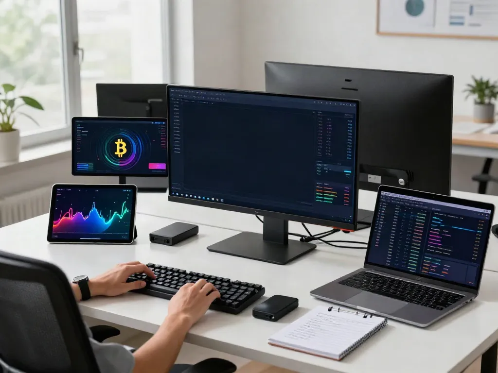 实时行情API visualized through a dynamic crypto trading setup displaying real-time Bitcoin and Ethereum data to enhance trading strategies and digital finance.