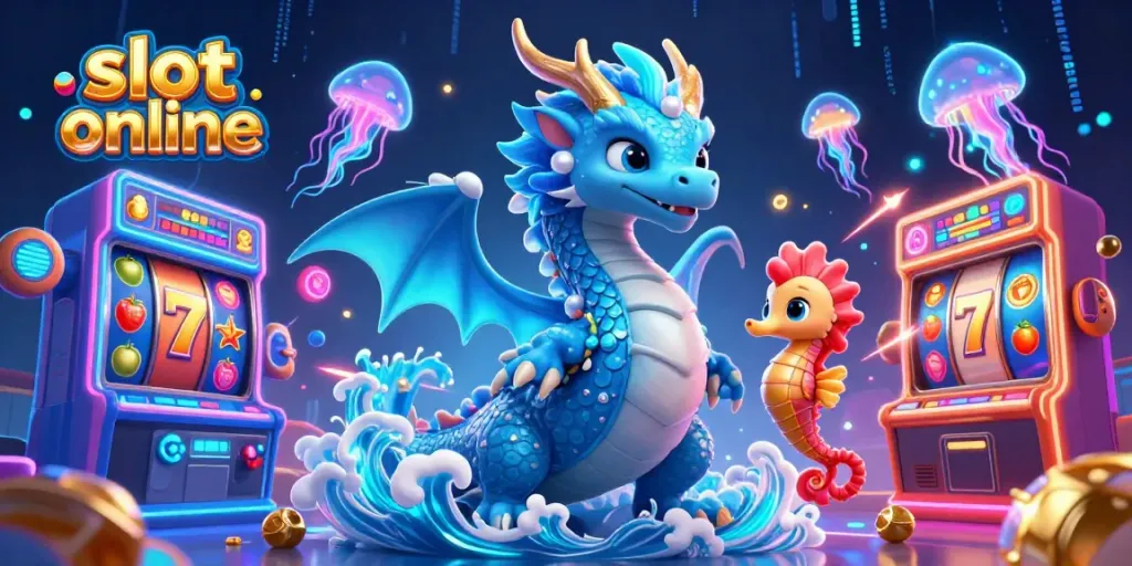 Experience thrilling gameplay in a vibrant slot online scene with a mystical dragon and arcade elements.