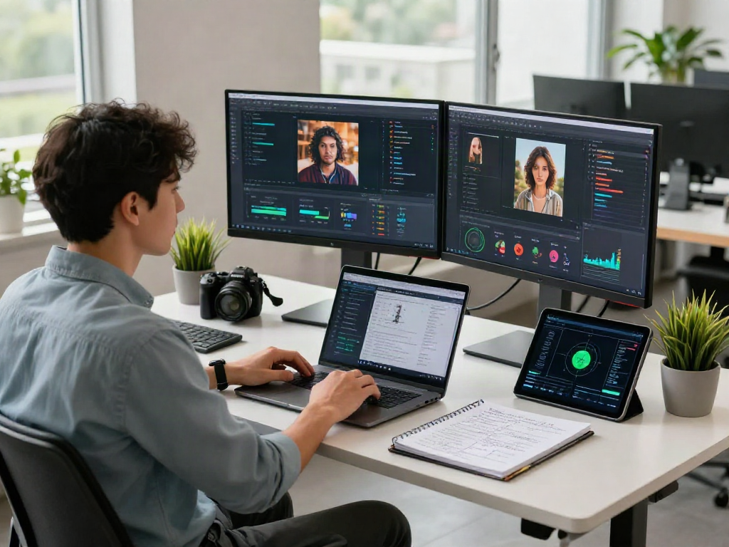 Data analyst focused on AI-Generated Image Detection in a modern tech office environment.