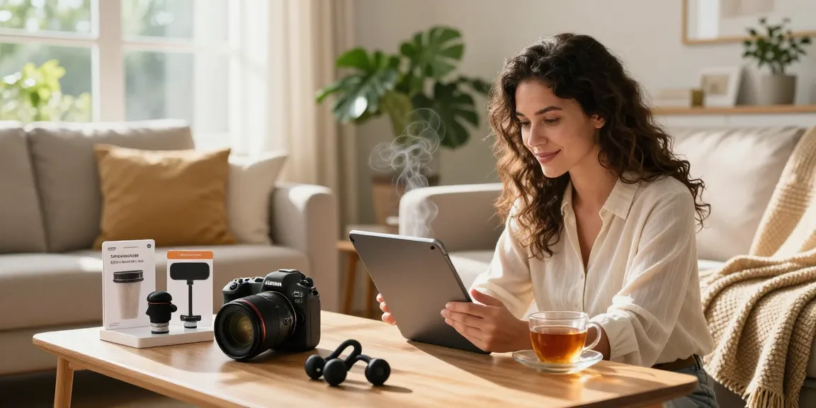 Woman shopping at https://www.ebbfilter.com/shop, exploring filters in a cozy living room with natural light.