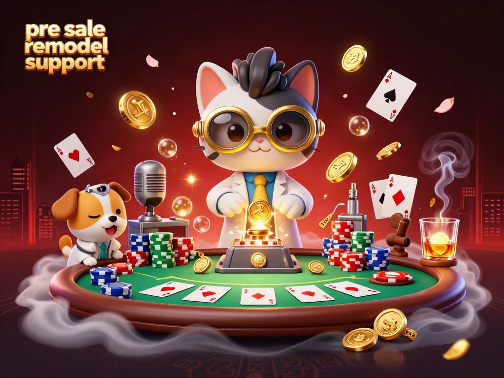 Engage with pre sale remodel support in this vibrant casino-themed illustration featuring card games and playful characters.