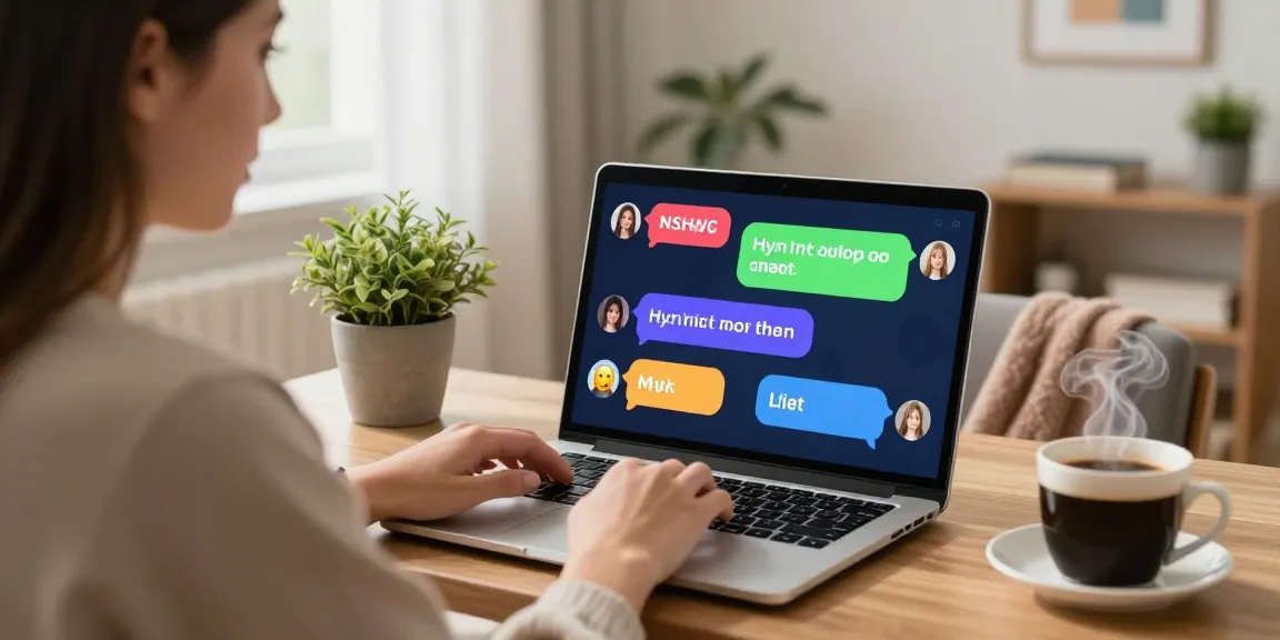 Engaged user enjoying NSFW chat on laptop in cozy home setting with vibrant chat interface and warm lighting.