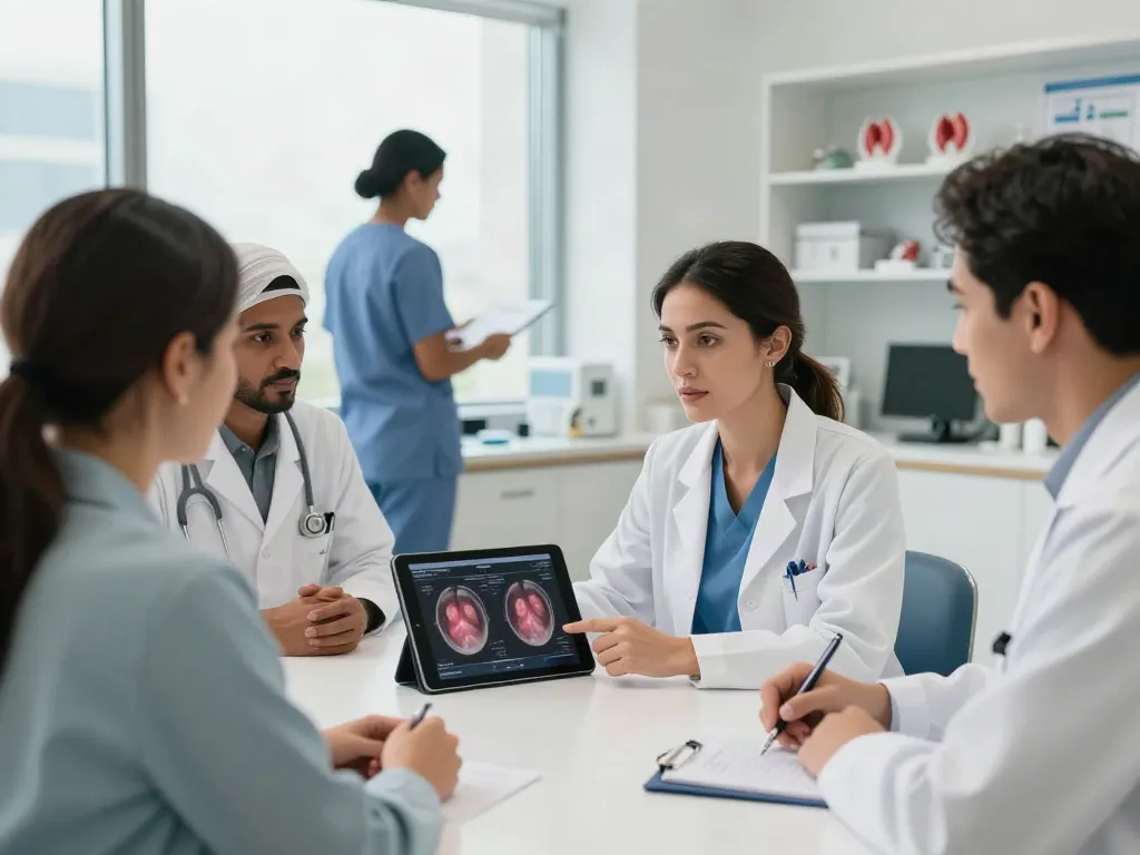 Thyroid specialists in Abu Dhabi discussing treatment options in a welcoming clinic, emphasizing advanced patient care.