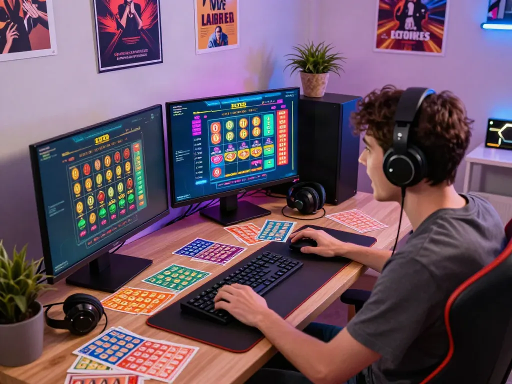 Engaging scene of a player immersed in the thrilling world of harga toto lottery games, surrounded by tickets and vibrant gaming setup.