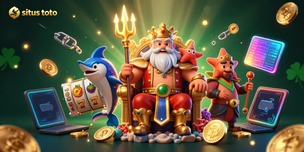 Experience thrilling gameplay with situs toto featuring Neptune, slot reels, and glowing crypto elements.