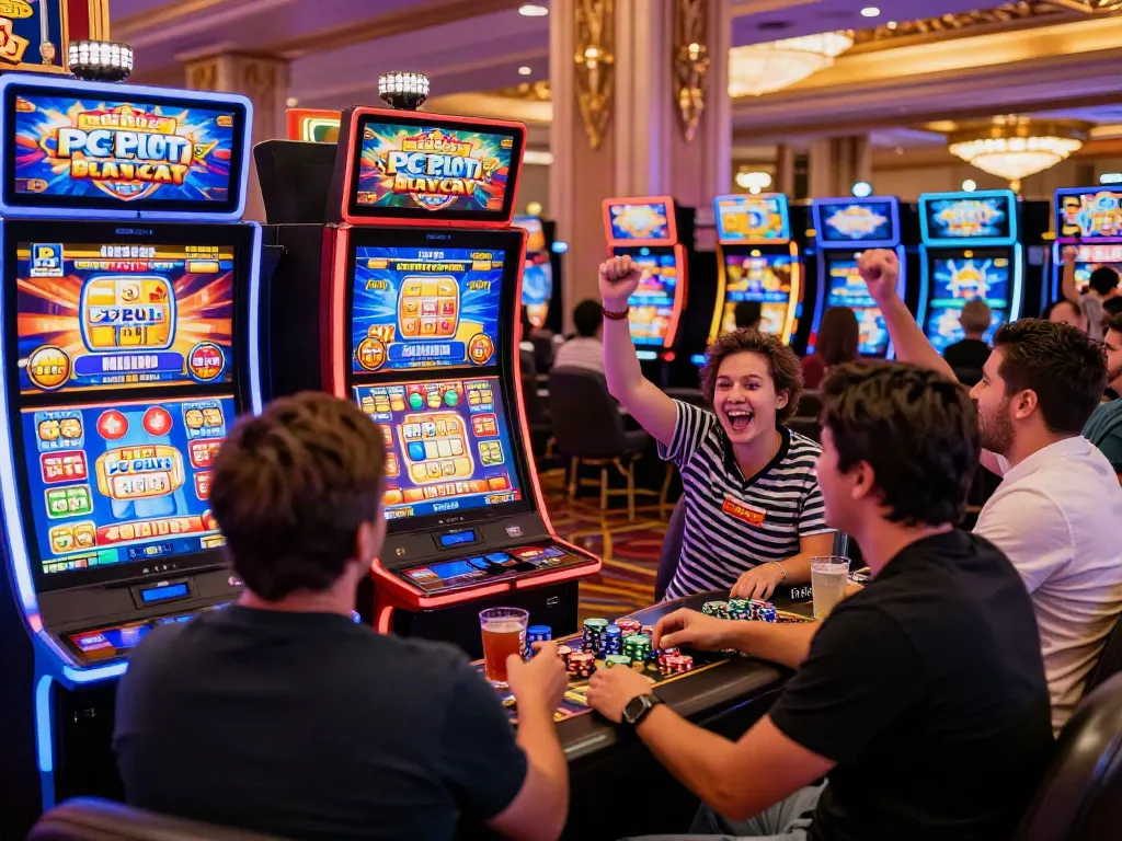 Players enjoying PG SLOT games in a lively casino environment with vibrant lights.