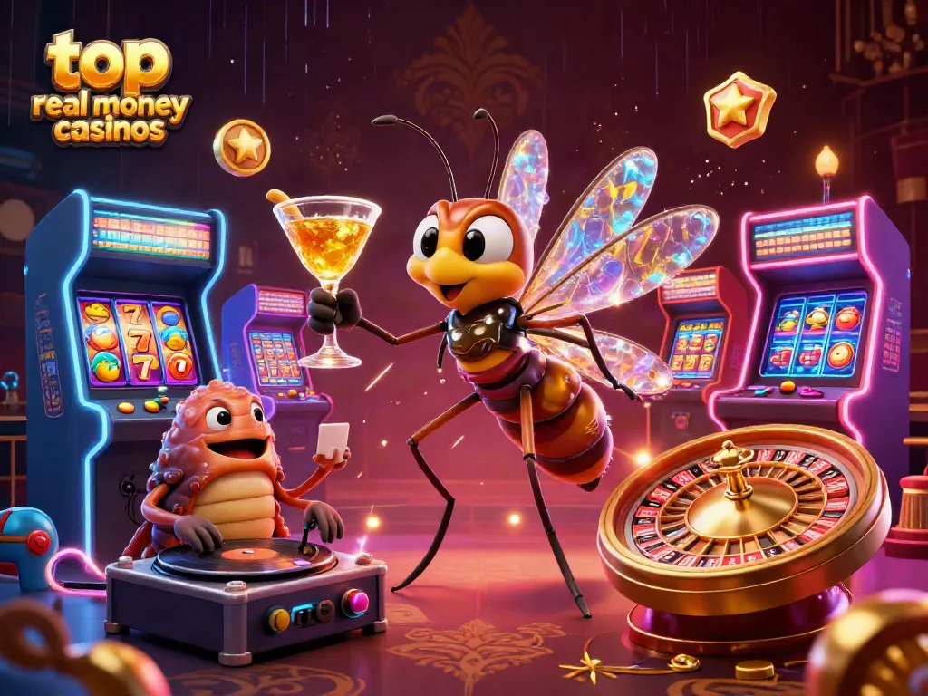 Engaging illustration of top real money casinos featuring a frozen mosquito mascot, trilobite DJ, and golden roulette wheel.