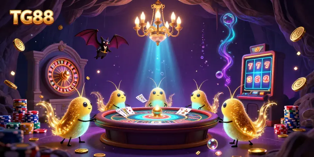 Experience the excitement of TG88's vibrant cave casino with glowworms and a bat dealer illuminating the action.