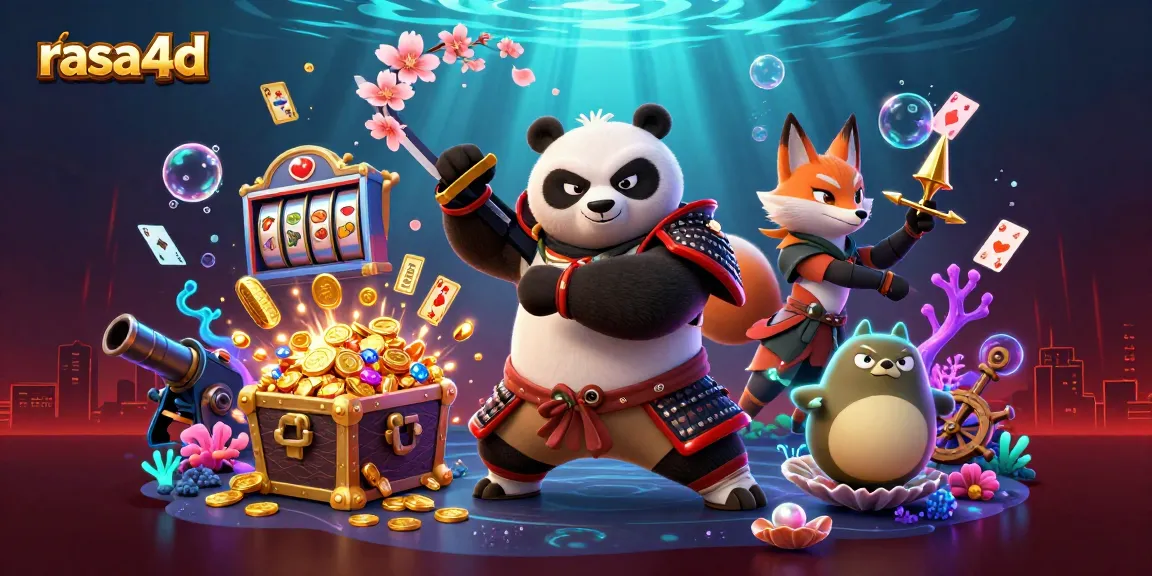 Karakter panda samurai dan rubah ninja bermain di dunia kasino ronas, elemen permainan seperti slot dan koin emas tersebar, rasa4d menarik perhatian.