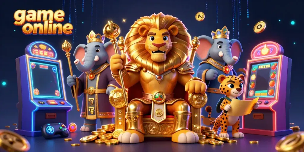 Play exciting game online with a 3D fierce lion king, vibrant slot machines, and energetic casino elements.