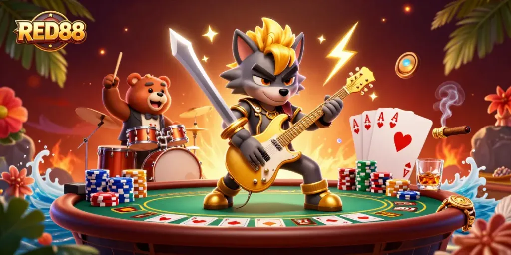 Experience the excitement of RED88 with a cartoon wolf rocking on stage surrounded by poker elements.