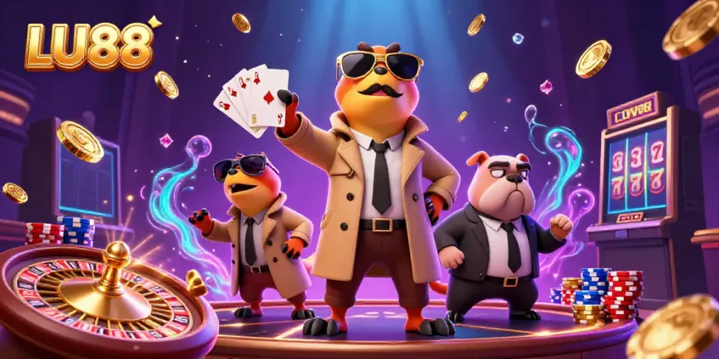 Engage with LU88's casino adventures featuring raptors sneaking into VIP lounge amidst golden coins and excitement.