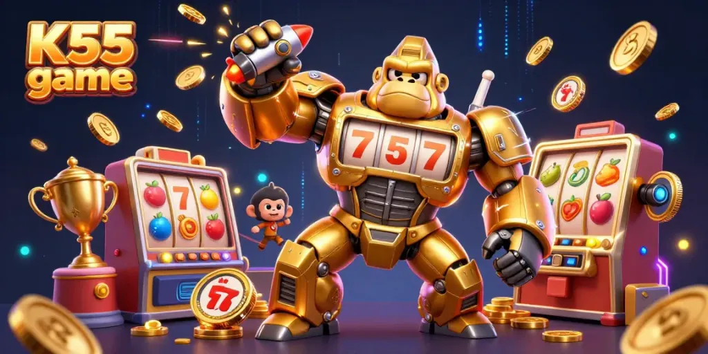 K55 game themed dynamic 3D illustration featuring a golden gorilla mech surrounded by slot reels and coins.