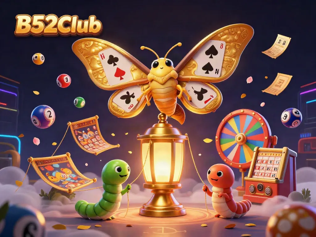 B52Club showcases a vibrant casino scene with an atlas moth and dynamic lottery elements.