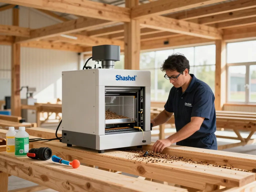 Shashel® microwave device in action for eco-friendly wood treatment eliminating pests effectively.
