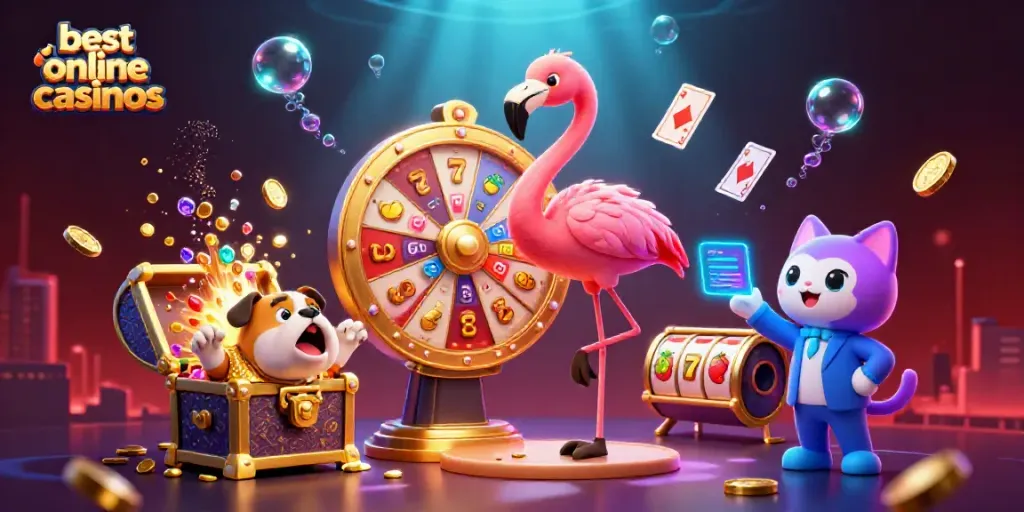Experience excitement at the best online casinos with a dynamic game show scene featuring vivid characters and casino elements.