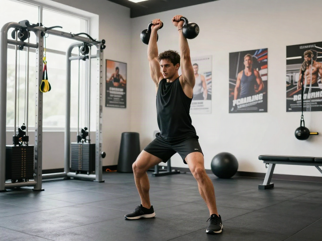 Ipamorelin peptide workout session in a bright gym with kettlebells.
