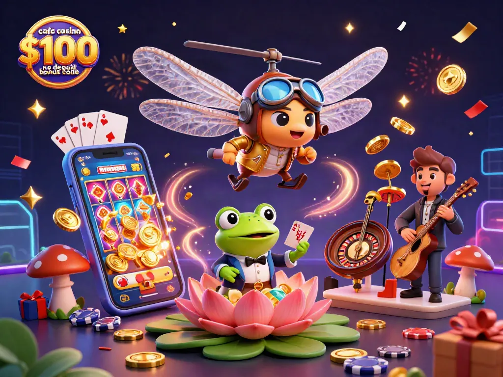 Engage with the cafe casino $100 no deposit bonus code in a vibrant scene featuring characters and casino elements.