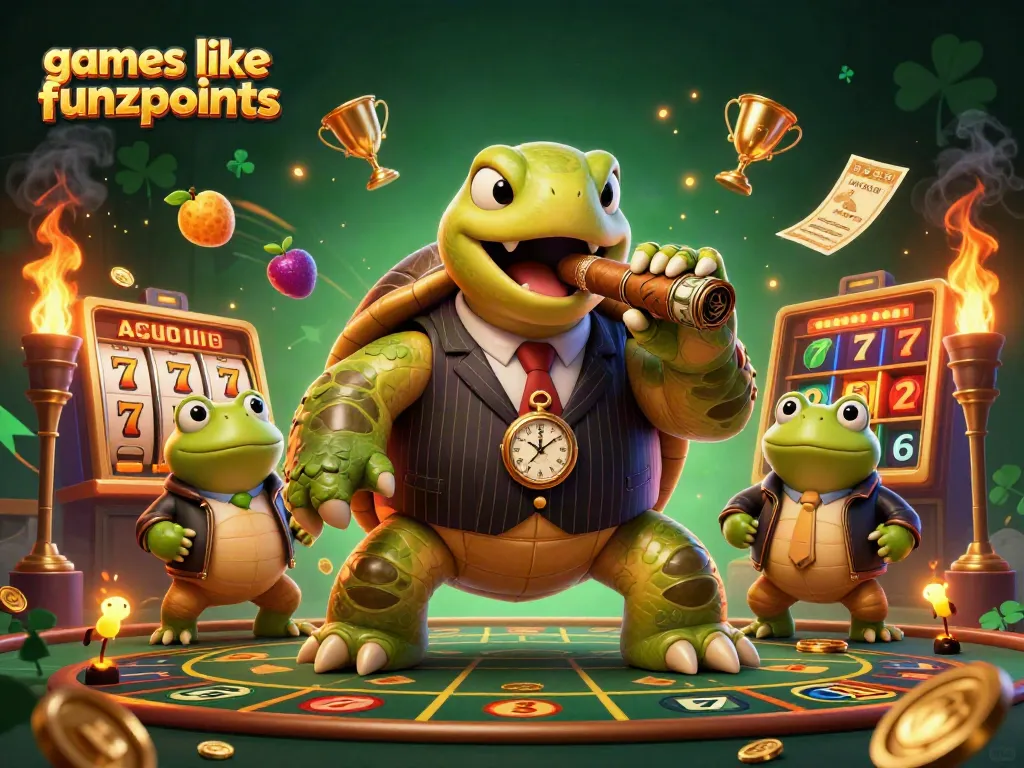 Play games like funzpoints with a unique twist featuring a cartoon turtle and exciting slot elements.