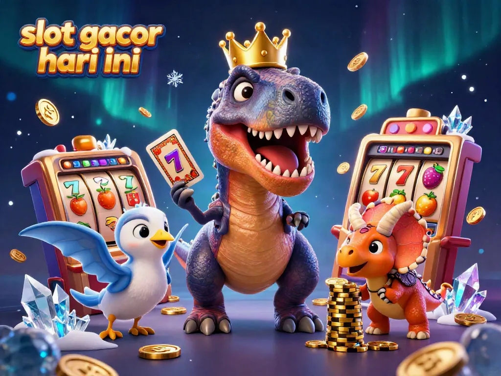 Engage with slot gacor hari ini as a playful T-Rex shuffles cards and a baby triceratops stacks chips in a lively casino scene.