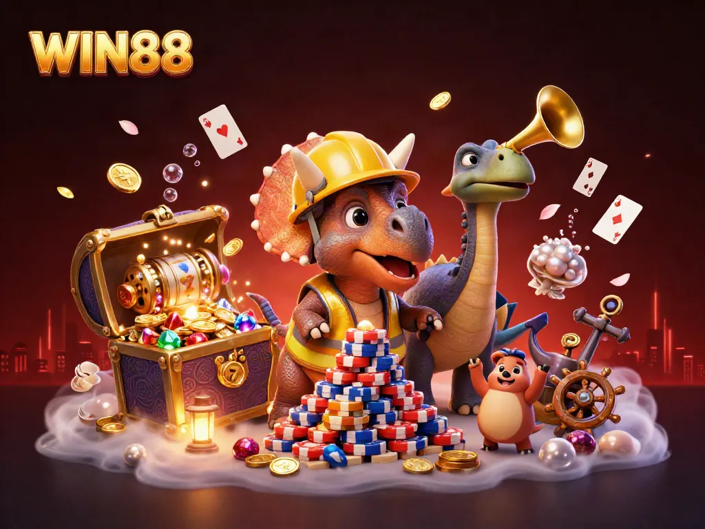 Celebrate big wins with WIN88-themed characters and lucky casino elements in this vibrant 3D scene.