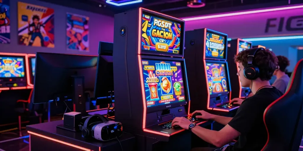 Player enjoying slot gacor on smartphone in vibrant gaming room.