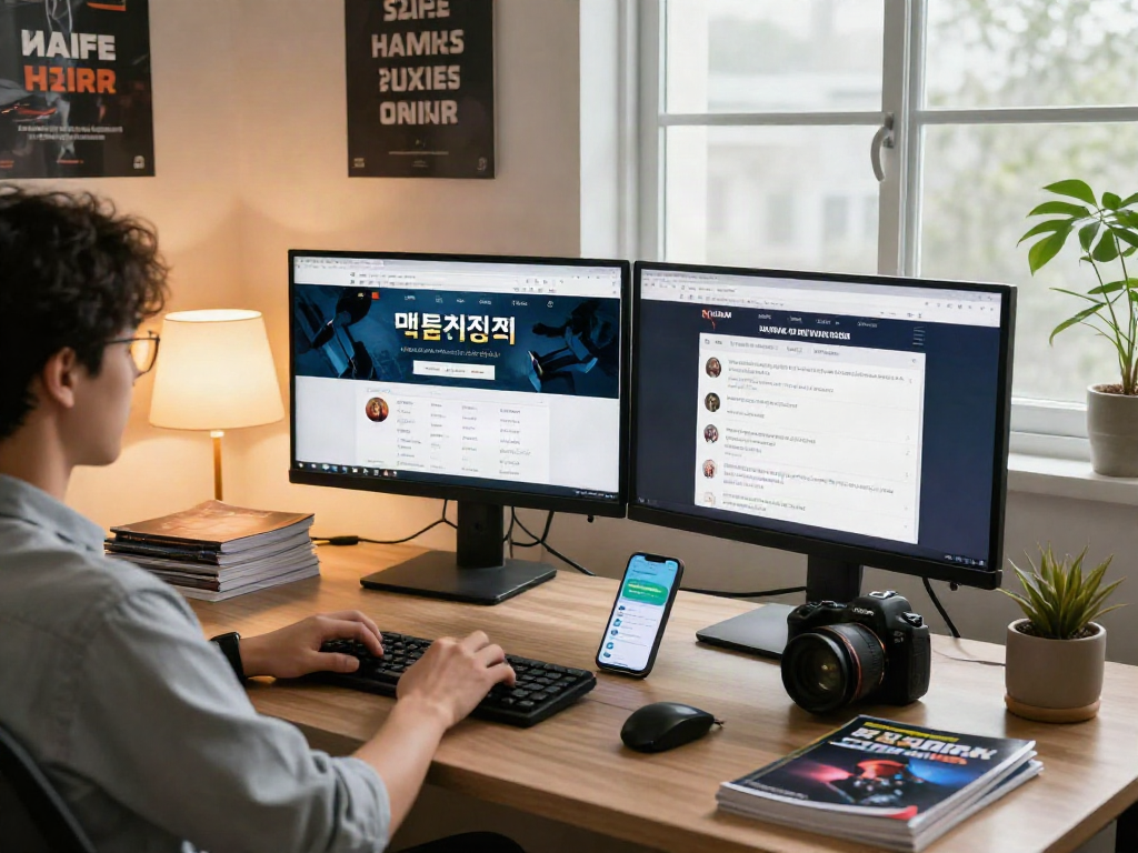 Engaging home office scene showcasing 먹튀검증 research for safe online gambling.