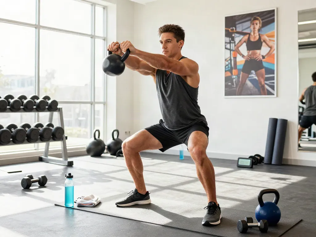 Fitness enthusiast performing a kettlebell swing in a bright gym, promoting tesmoralin benefits for health and strength.