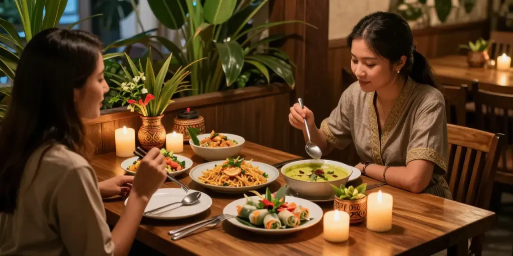Couple enjoying vibrant Thai dishes at kinalyrestaurant.com in a cozy setting with warm lighting.