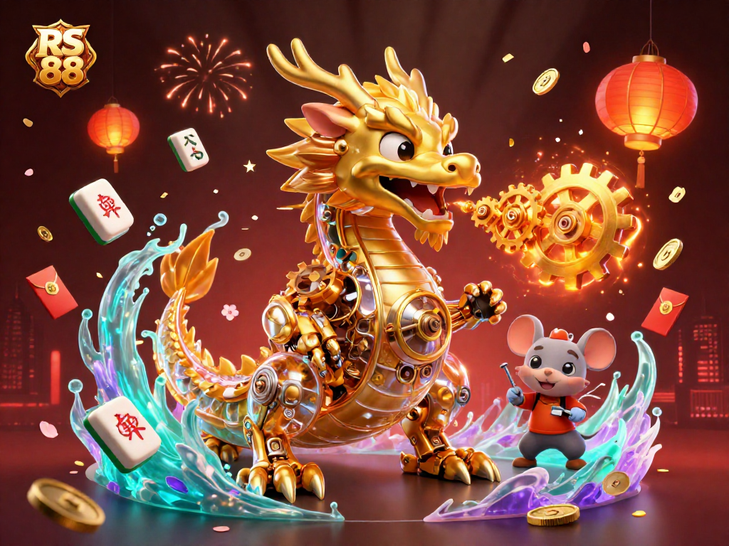 Experience the excitement of RS 88 with our vibrant casino-themed illustration featuring a golden dragon and festive elements.