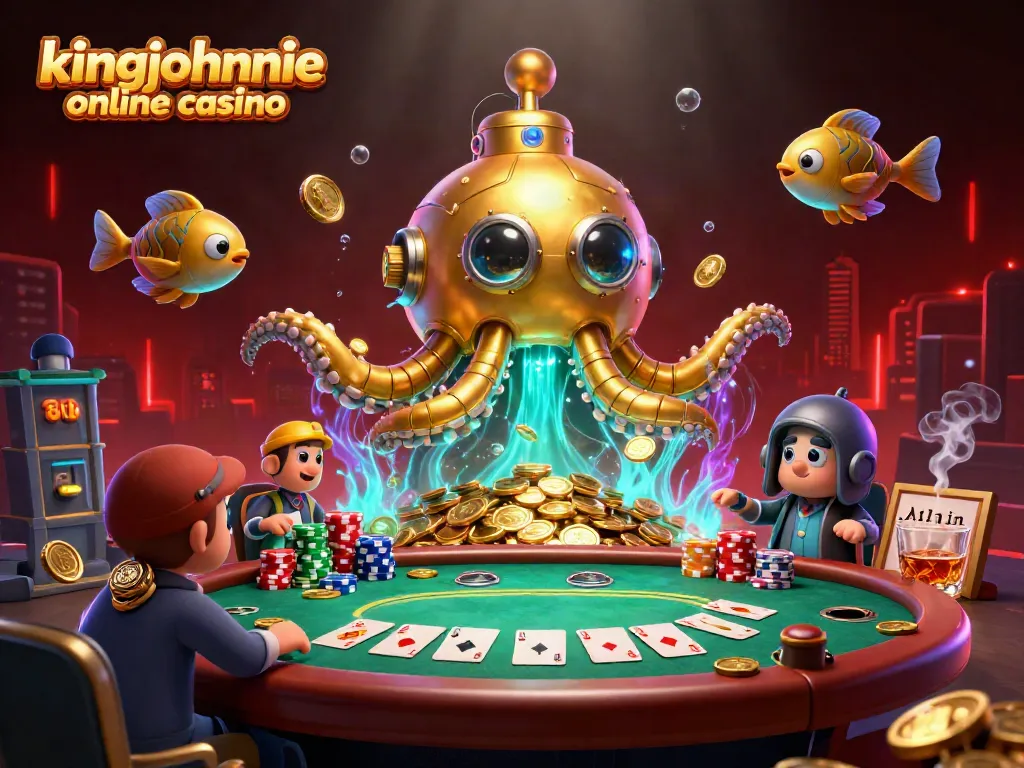 Experience thrilling action at kingjohnnie online casino with a vibrant poker scene featuring a golden kraken and mechanical fish.