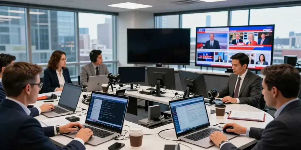 Breaking News on CNN: journalists collaborating in a modern newsroom filled with live updates.