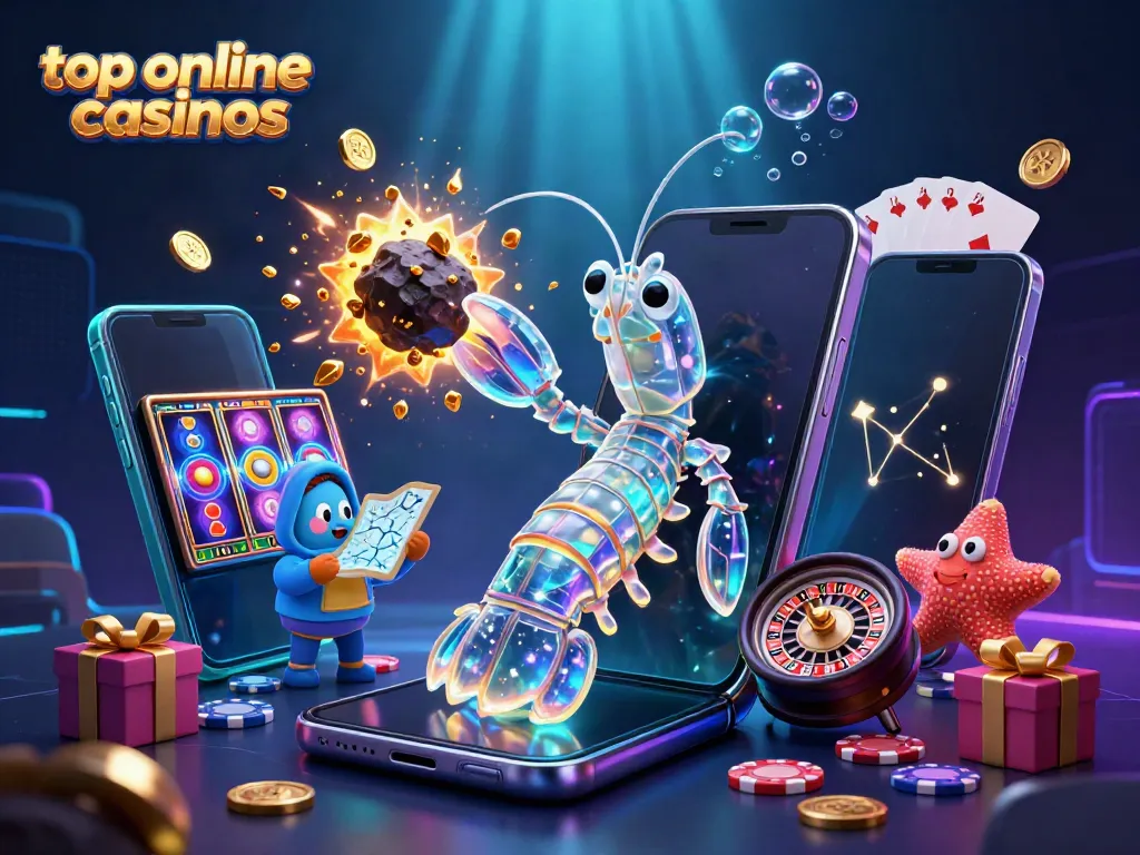 Explore the excitement of top online casinos with vibrant gaming elements, animated characters, and a stunning cosmic backdrop.