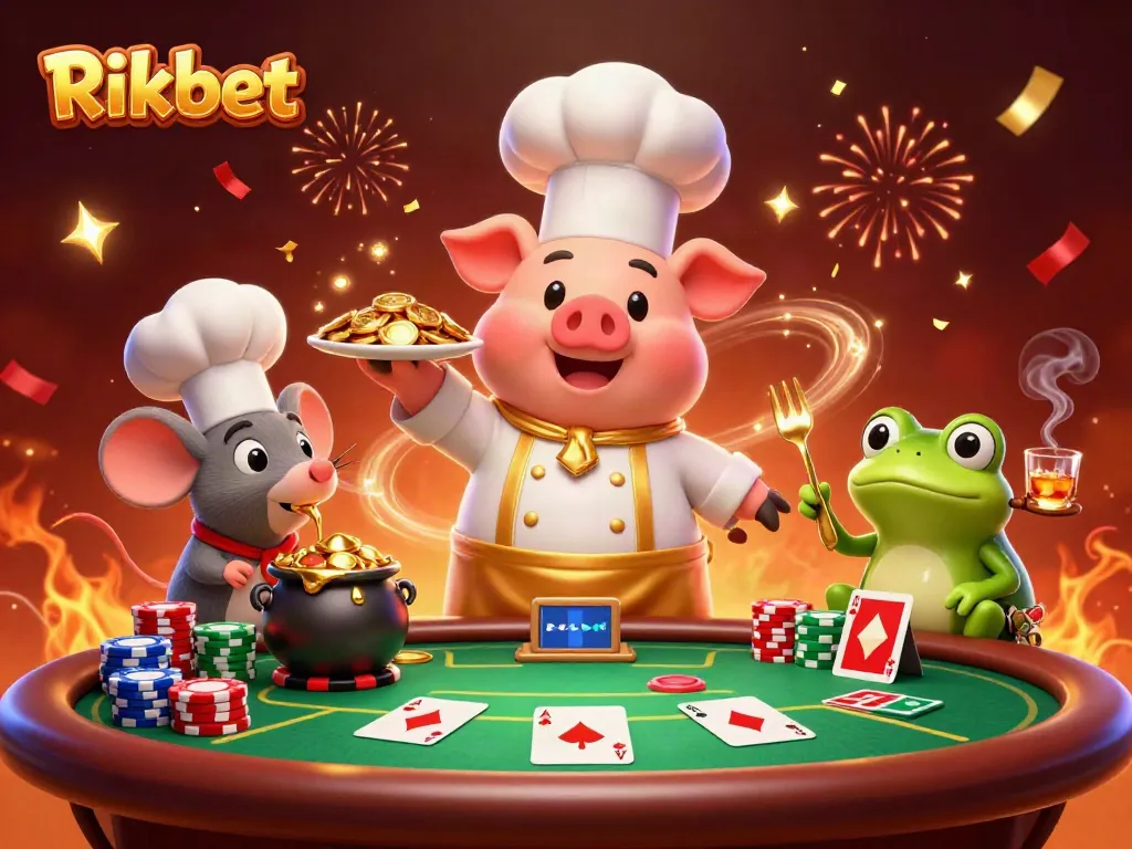 Experience thrilling poker action with Rikbet, featuring a gourmet gold serving scene.