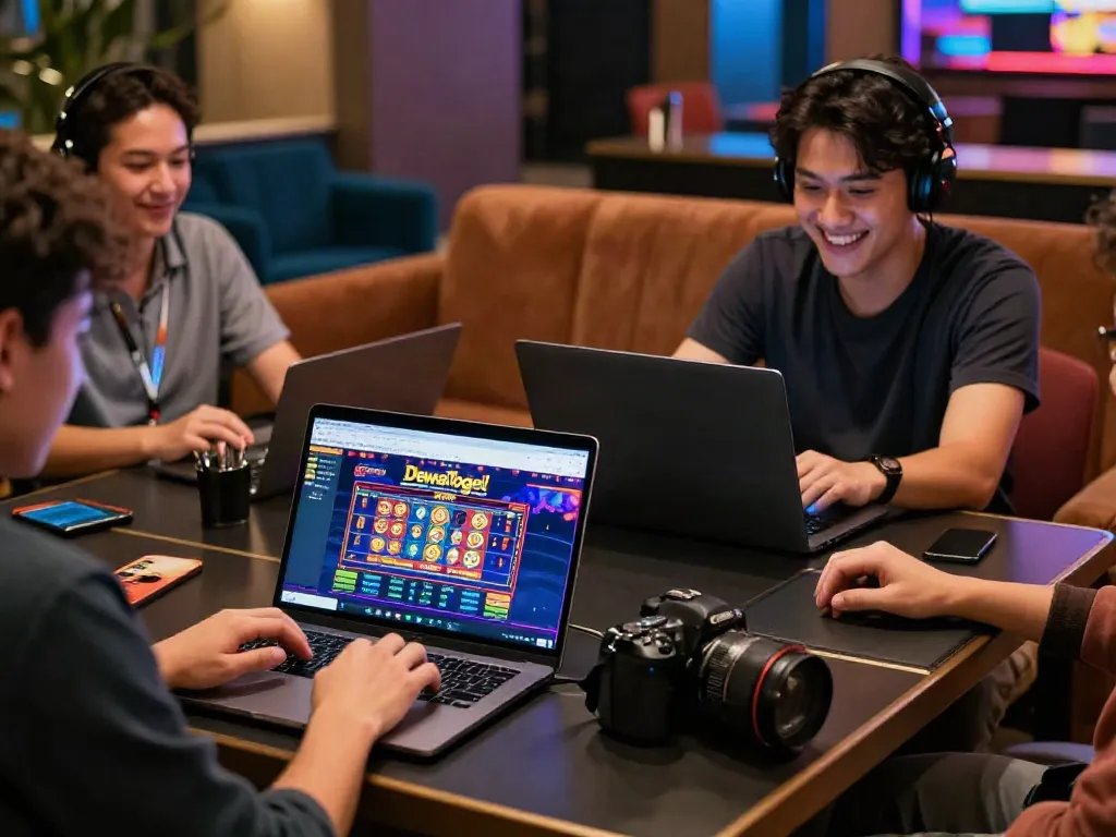 Diverse players enjoying the DewaTogel experience in a stylish gaming lounge.
