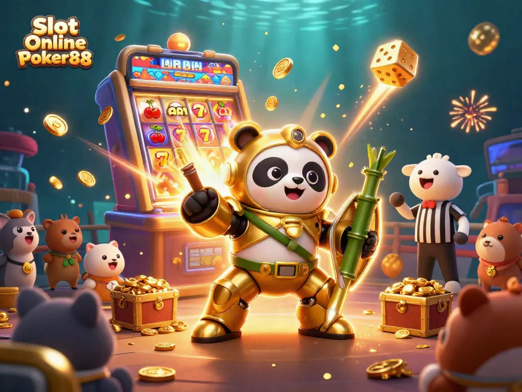 Experience thrilling jackpots with Slot Online Poker88 in a vibrant 3D casino scene.
