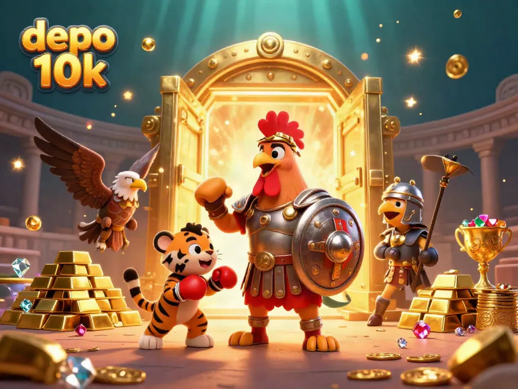 Engage with the exciting world of depo 10k slots featuring a 3D character scene with dazzling treasures.