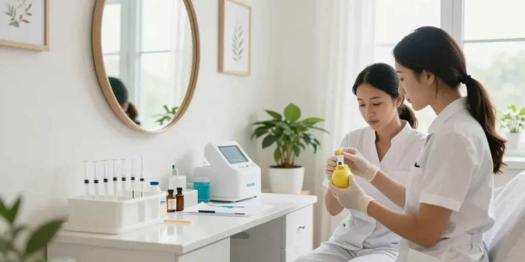 Lemon bottle peptide injection preparation in a serene aesthetic treatment room.