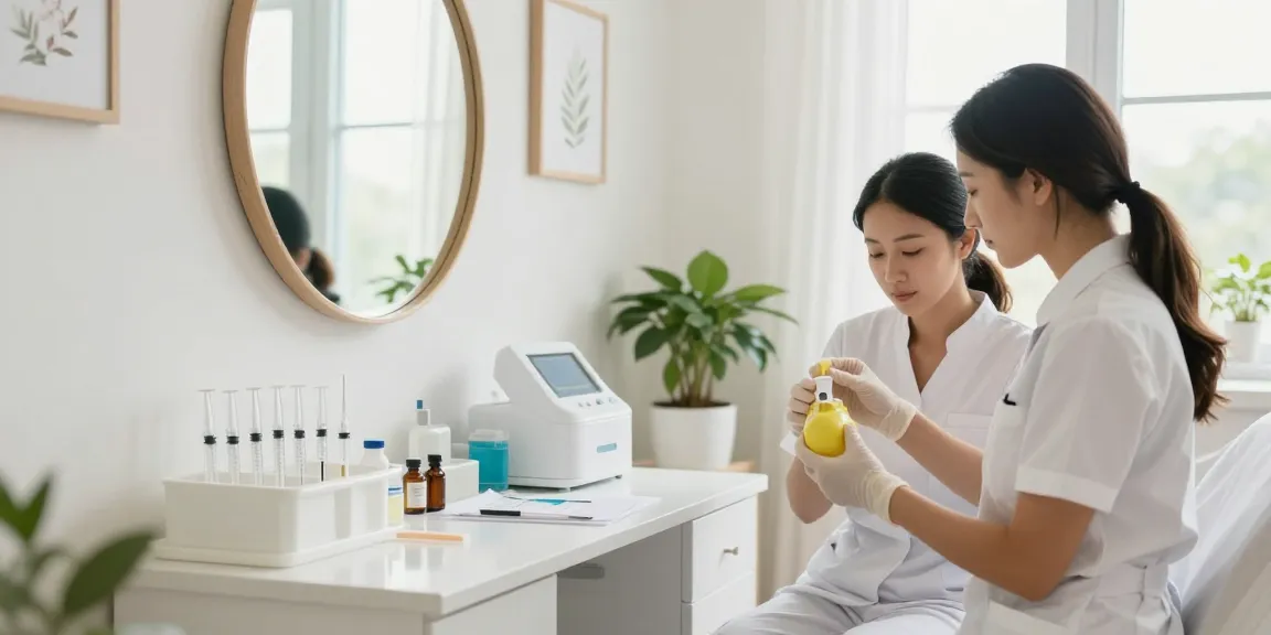 Lemon bottle peptide injection preparation in a serene aesthetic treatment room.
